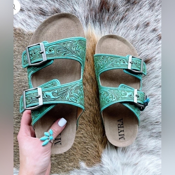 Womens blue turquoise leather tooled embossed myra slides sandals buckle cowgirl - Picture 3 of 5